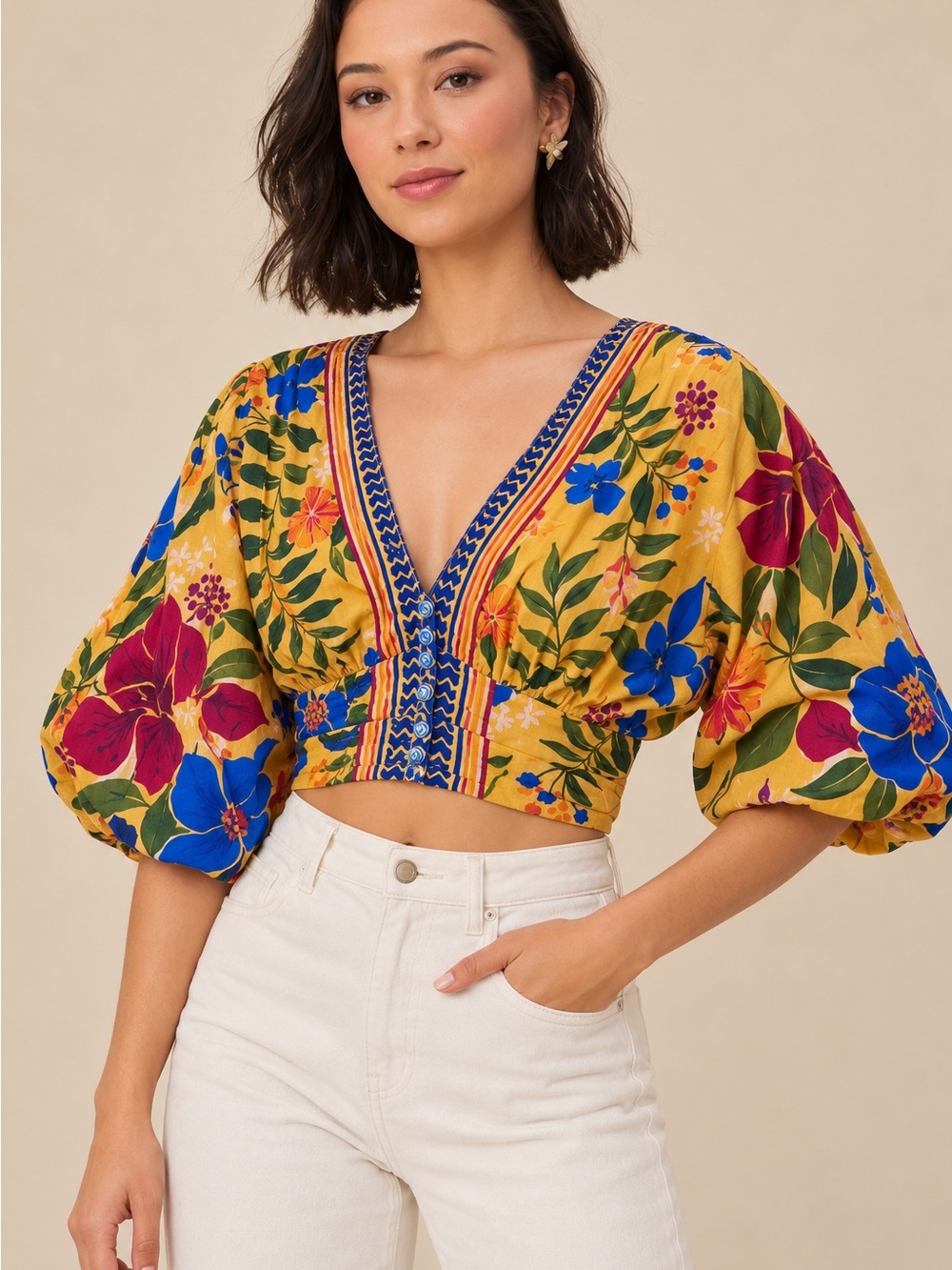 FARM Rio Yellow Floral V-Neck Puff-Sleeve Cropped Top